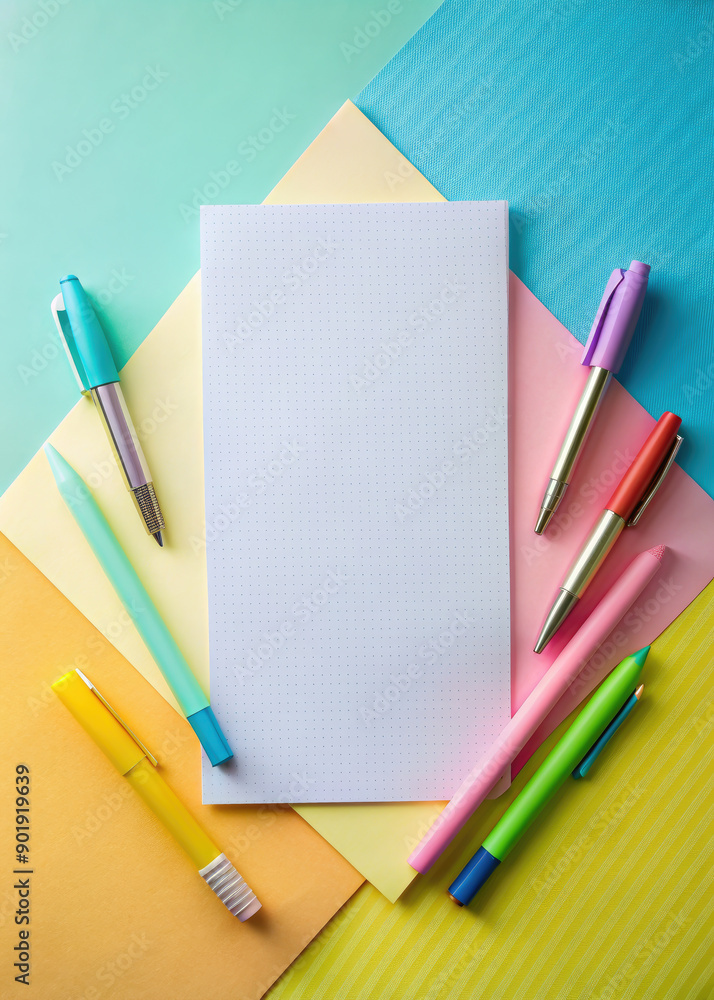 top view of a blank sheet of paper and stationery, pens, pencils, notepad, space for text, drawing, table, office, layout, notebook, white, pastel, color, school, writing, diary, notes, desk top view of a blank sheet of paper and stationery, pens, pencils, notepad, space for text, drawing, table, office, layout, notebook, white, pastel, color, school, writing, diary, notes, desk