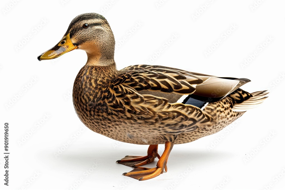 Female mallard duck standing on white background Female mallard duck standing on white background