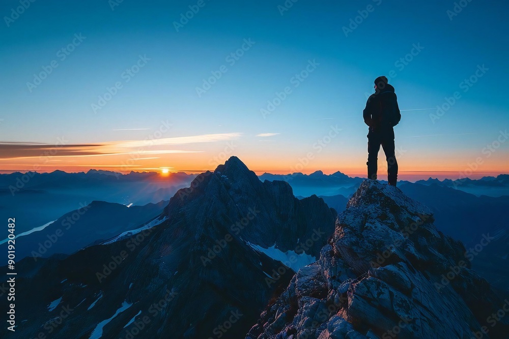 silhouette of a person standing on a mountain peak at sunset, symbolizing the joy of success and freedom. silhouette of a person standing on a mountain peak at sunset, symbolizing the joy of success and freedom.