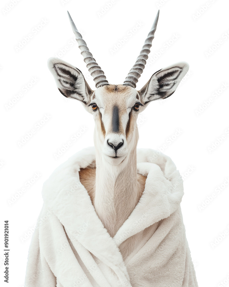 Fototapeta premium A cute antelope in a bathrobe against a white background, safari bathroom art. anthropomorphic animal 