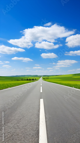 A Lone Achingly Empty Tarmac Road Cutting Through Vast Countryside Fields Under Clear Blue Sky: A Visual Metaphor for Solitude and Tranquillity