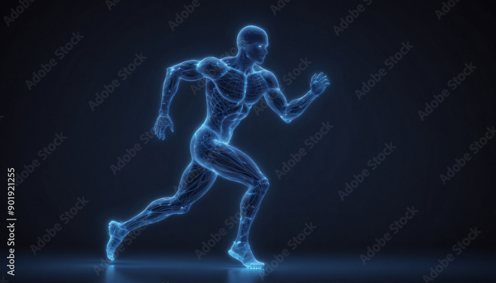 Obraz premium Blue glowing wireframe of an athlete running, a digital concept for sports training & exercise health care or fitness activity in the style of technology created with Generative AI