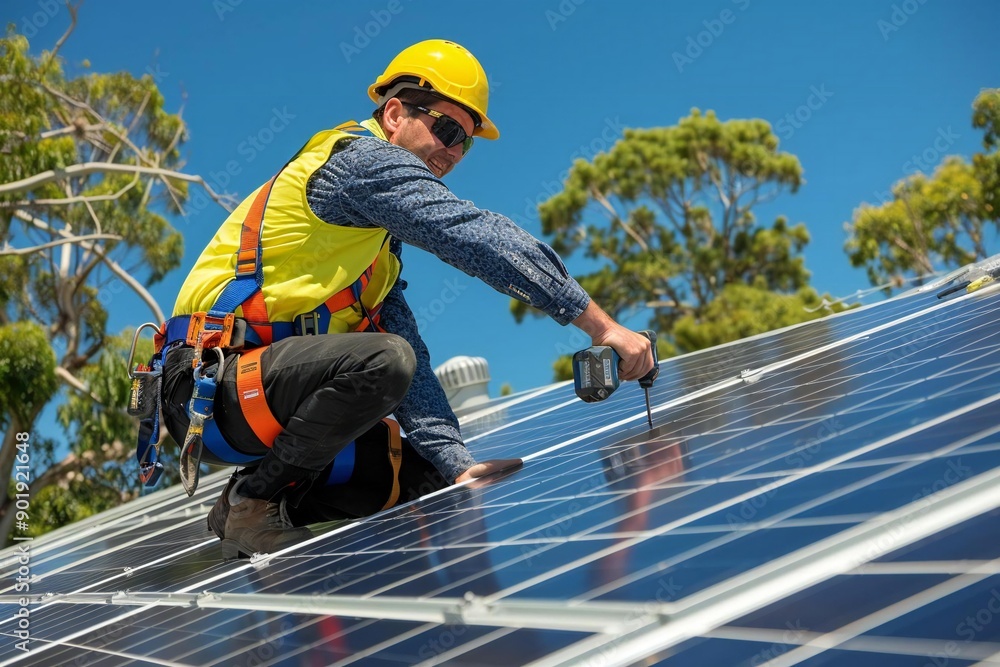 custom made wallpaper toronto digitalmale professional installing solar panels on a rooftop for green energy solutions.