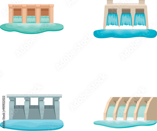 Collection of four types of colorful, stylized dam illustrations isolated on white background