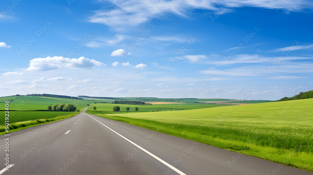 A Lone Achingly Empty Tarmac Road Cutting Through Vast Countryside Fields Under Clear Blue Sky: A Visual Metaphor for Solitude and Tranquillity A Lone Achingly Empty Tarmac Road Cutting Through Vast Countryside Fields Under Clear Blue Sky: A Visual Metaphor for Solitude and Tranquillity
