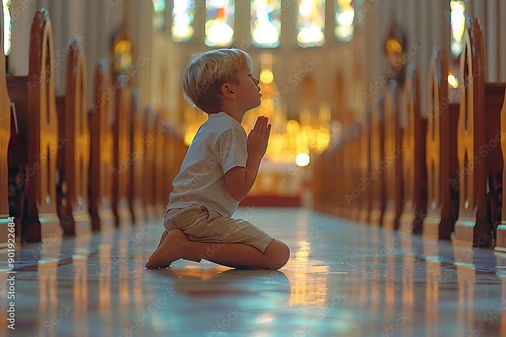 young boy kneeling and praying in a quiet church, capturing a peaceful ...