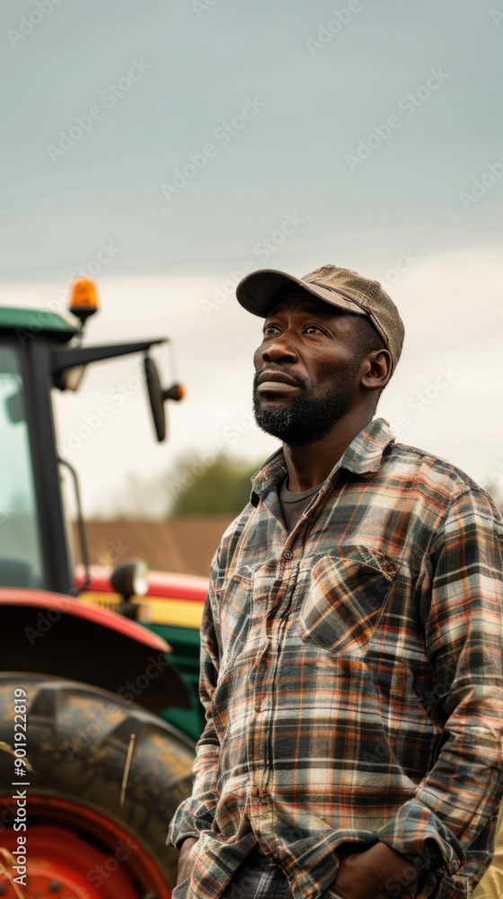 A man wearing a plaid shirt stands in front of a tractor A man wearing a plaid shirt stands in front of a tractor