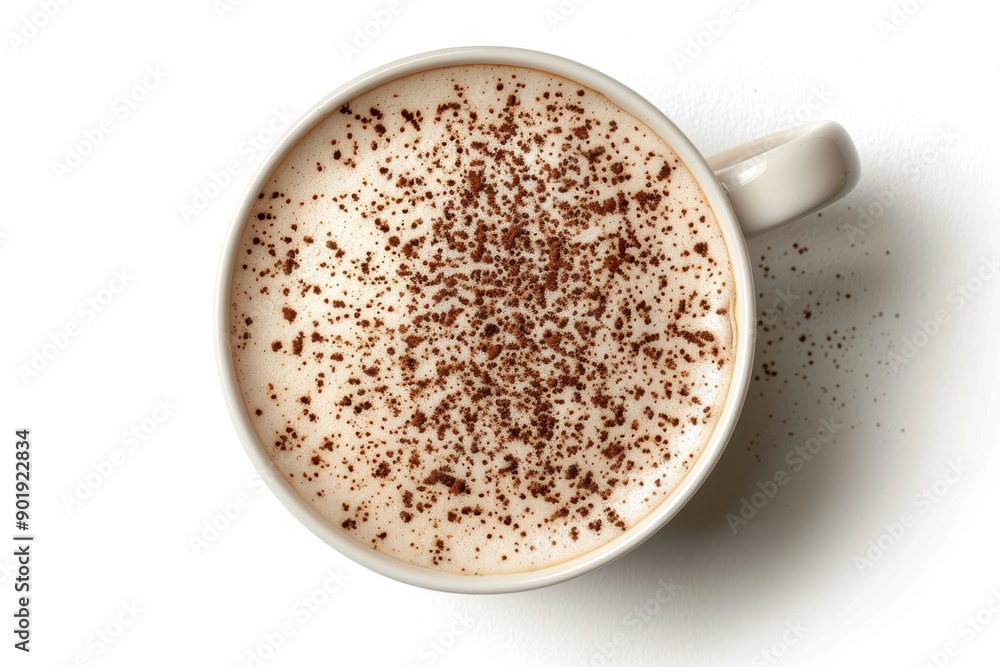 Steaming cup of coffee with chocolate powder on top view Steaming cup of coffee with chocolate powder on top view