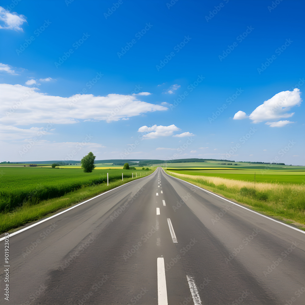 A Lone Achingly Empty Tarmac Road Cutting Through Vast Countryside Fields Under Clear Blue Sky: A Visual Metaphor for Solitude and Tranquillity A Lone Achingly Empty Tarmac Road Cutting Through Vast Countryside Fields Under Clear Blue Sky: A Visual Metaphor for Solitude and Tranquillity