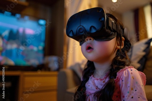 little girl exploring a virtual reality world with a look of wonder and joy on her face.