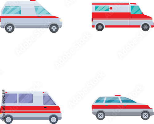 Four types of ambulance vehicles in vector format, isolated on white background for emergency services