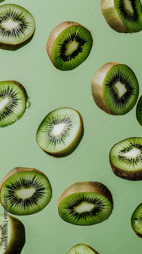 Fototapeta premium Fresh kiwi slices floating on a minimalist green background