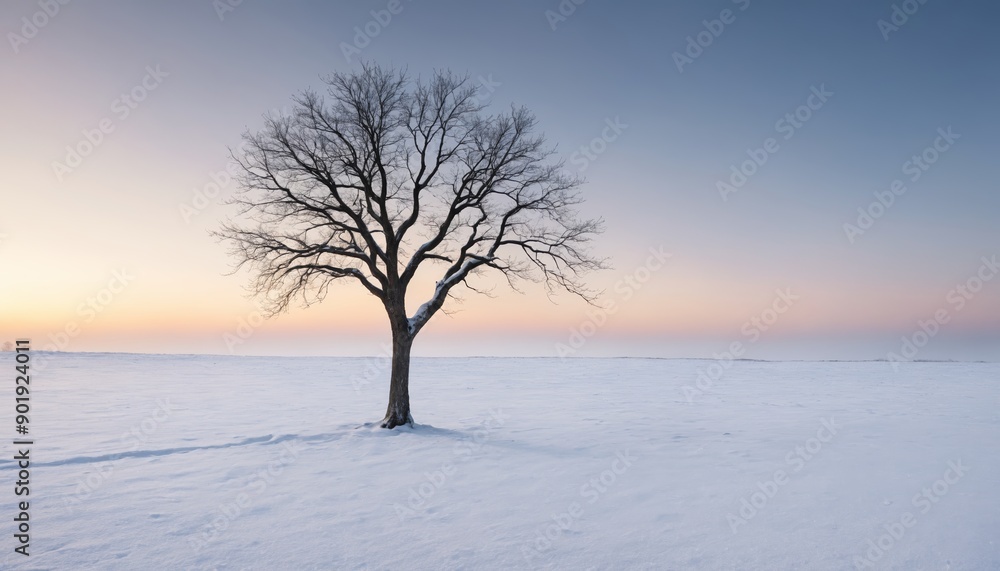 Solitary tree stands majestically against snowy landscape during early morning light Solitary tree stands majestically against snowy landscape during early morning light