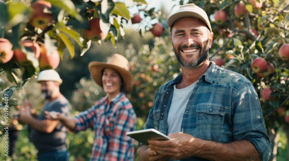 Fototapeta premium A man is smiling and holding a tablet while standing in a field of apples