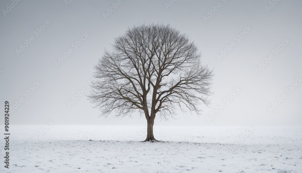 Fototapeta premium A solitary tree stands majestically in a snow-covered field at dawn