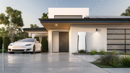 A smart home with solar panels, energy storage batteries, and an electric car parked in the driveway photo