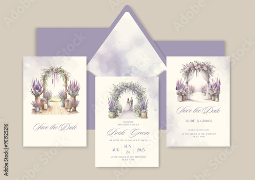 Luxury wedding invitation card background with watercolor lavender arch