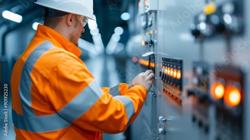 An engineer working on a wind turbine control panel inside the base of the turbine, with copy space, high-resolution photo, hyper realistic