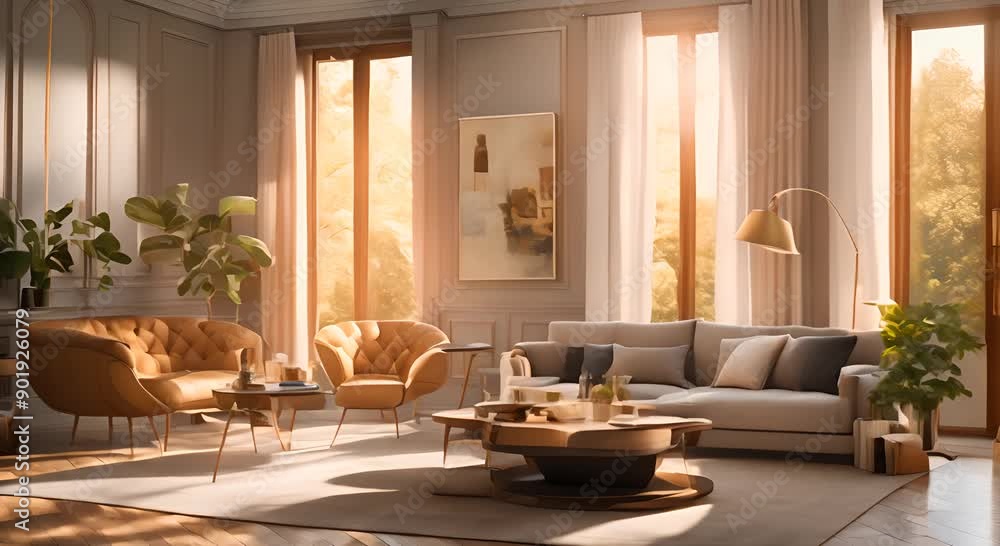 European home where every room is a visual feast for the eyes The living room with its eclectic mix of vintage and modern furniture bathed in warm sunlight streaming through the windows 4k animation European home where every room is a visual feast for the eyes The living room with its eclectic mix of vintage and modern furniture bathed in warm sunlight streaming through the windows 4k animation