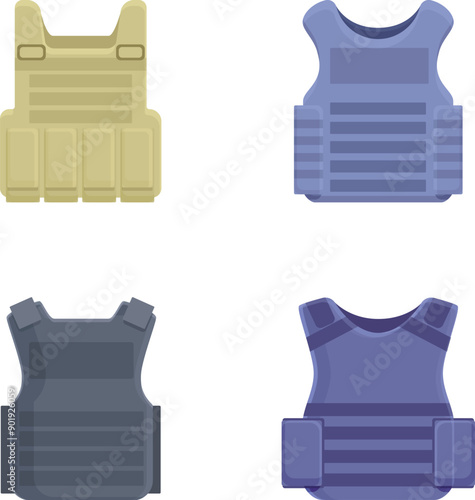 Collection of four different tactical vest icons, isolated on a white background, in flat design style