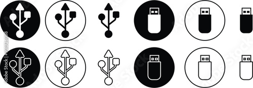 USB icon set. Flash disk flash drive flat and line black vector collection isolated on transparent background. Internet video. Console media storage, Computer Technology, charger, data transfer sign.