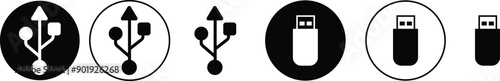 USB icon set. Flash disk flash drive flat and line black vector collection isolated on transparent background. Internet video. Console media storage, Computer Technology, charger, data transfer sign.