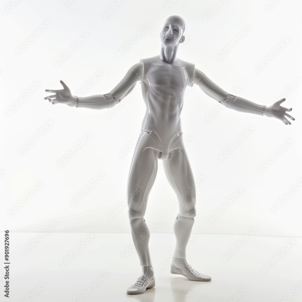 Articulated Human Model in Dynamic Pose Against White Background in Studio Lighting Articulated Human Model in Dynamic Pose Against White Background in Studio Lighting