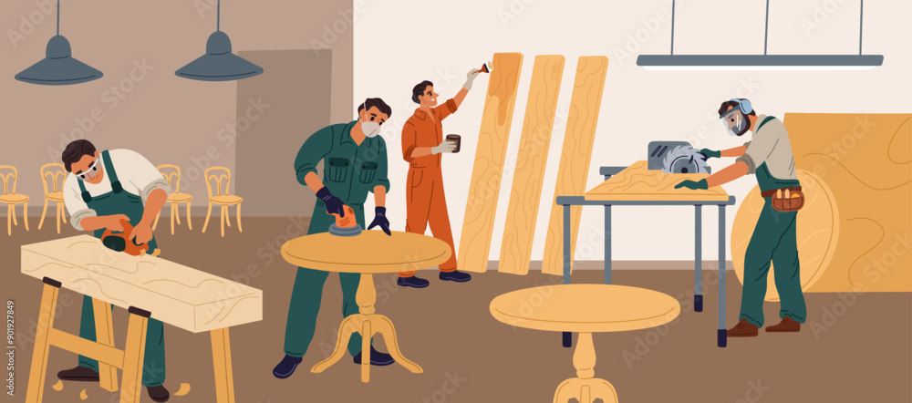 Professional carpenters make timber furniture. People in working uniforms. Woodworkers plan logs. Manufacture processing. Carpentry sawmill. Workers grind wood. Garish vector concept Professional carpenters make timber furniture. People in working uniforms. Woodworkers plan logs. Manufacture processing. Carpentry sawmill. Workers grind wood. Garish vector concept