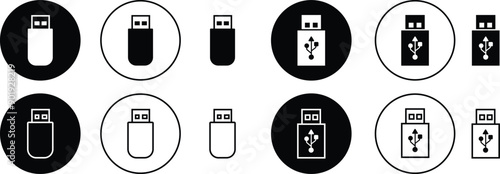 USB icon set. Flash disk flash drive flat and line black vector collection isolated on transparent background. Internet video. Console media storage, Computer Technology, charger, data transfer sign.