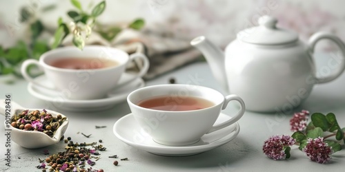 Wallpaper Mural A white tea set with a teapot and two cups of tea on a table Torontodigital.ca