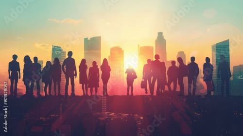 A group of people are silhouetted against a city skyline. Concept of unity and collaboration among the individuals, as they are all standing together in a group