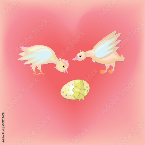 Illustration of hen and duck characters looking at the decorated egg, easter holiday