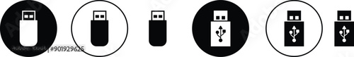 USB icon set. Flash disk flash drive flat and line black vector collection isolated on transparent background. Internet video. Console media storage, Computer Technology, charger, data transfer sign.