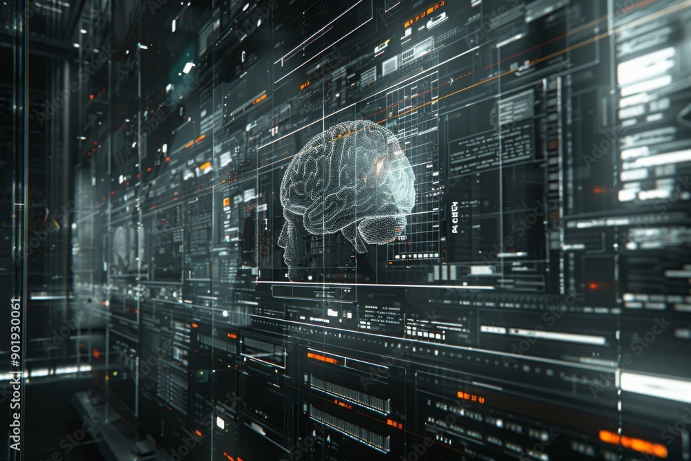 Fototapeta premium High tech brain interface in a digital matrix representing advanced technology and neural connectivity