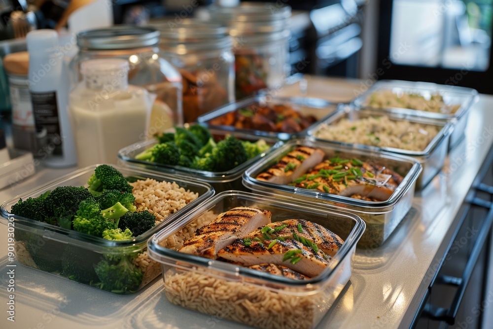 Healthy meal prep containers with chicken, rice, and broccoli on a modern kitchen countertop Healthy meal prep containers with chicken, rice, and broccoli on a modern kitchen countertop