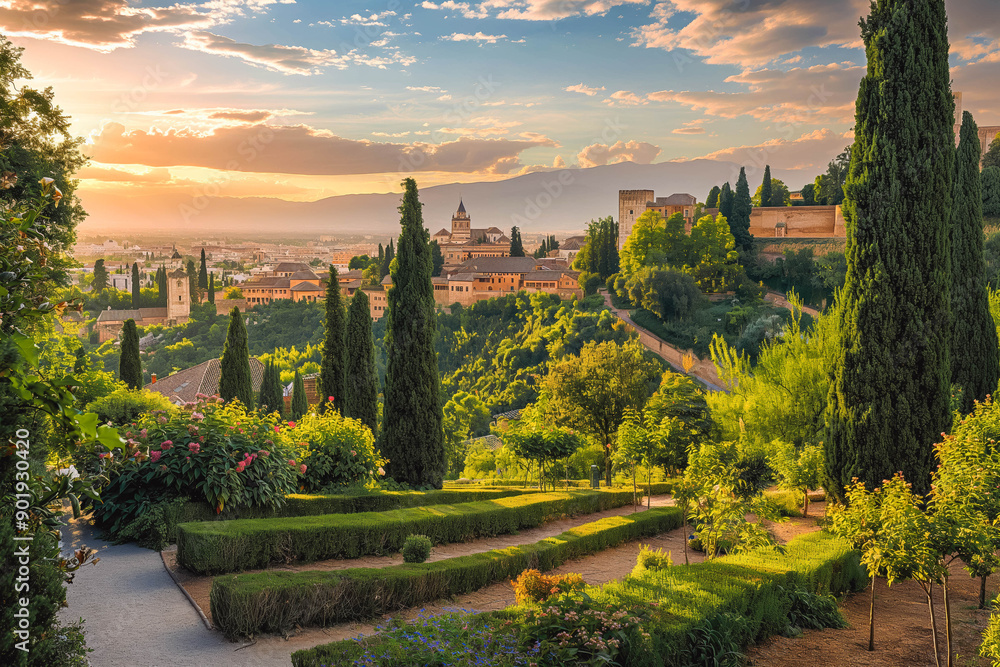 Fototapeta premium The serene gardens of the Alhambra in Granada, Spain.