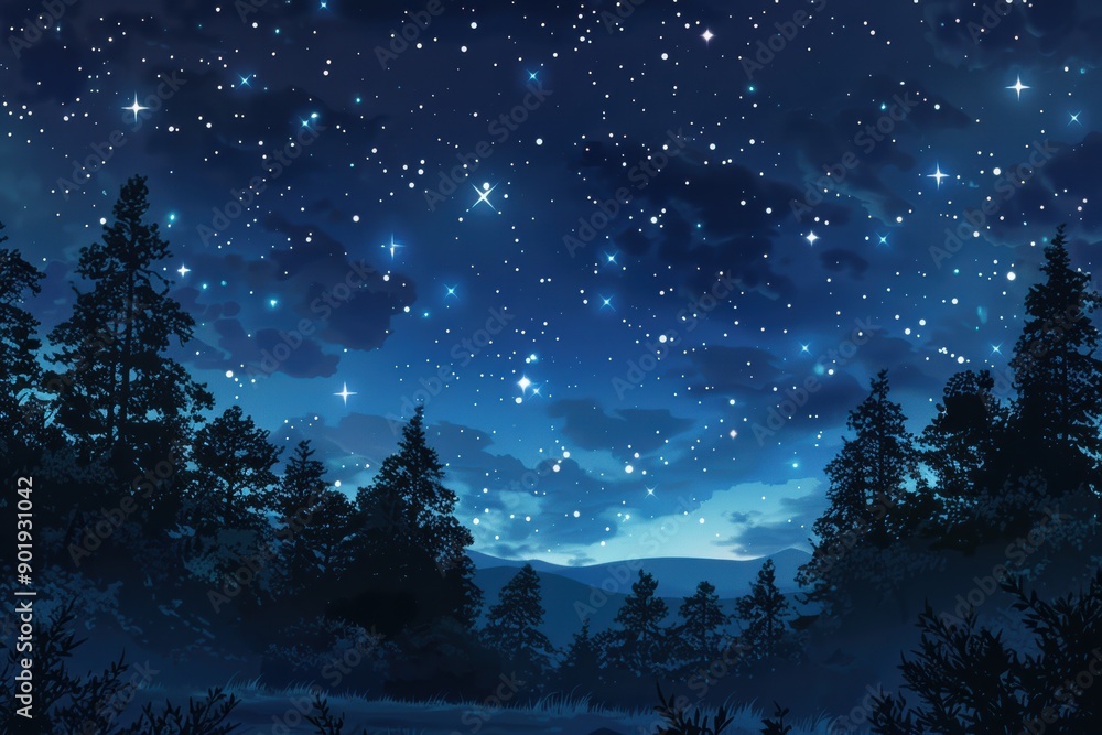 Fototapeta premium Forest at night with clear sky showing constellation of stars