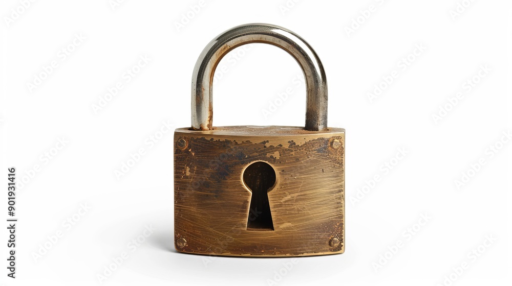 A padlock intended for securing a house or storing valuable items, presented against a white background A padlock intended for securing a house or storing valuable items, presented against a white background