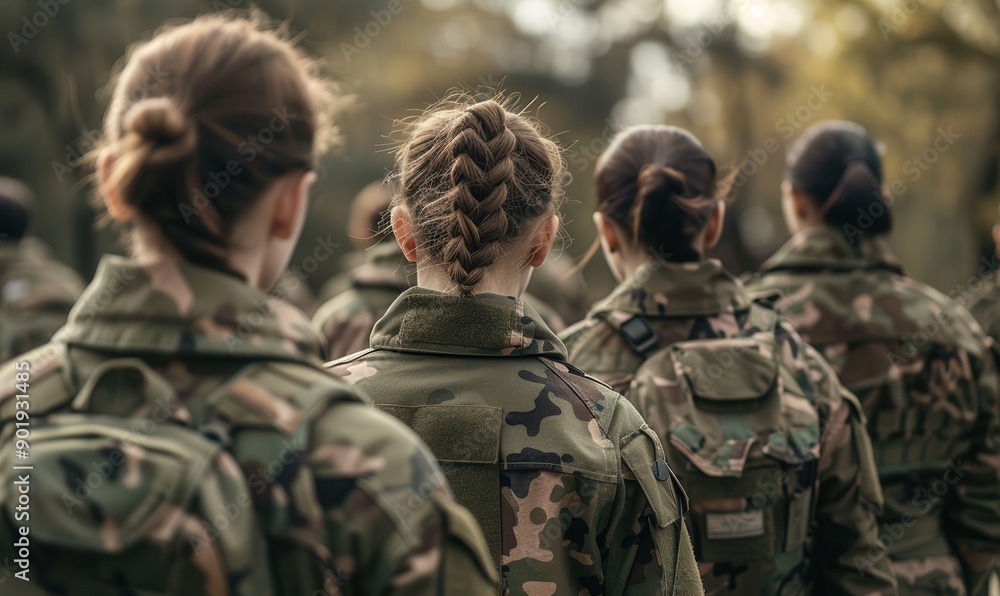Women soldiers standing in formation, focused expressions. Women soldiers standing in formation, focused expressions.