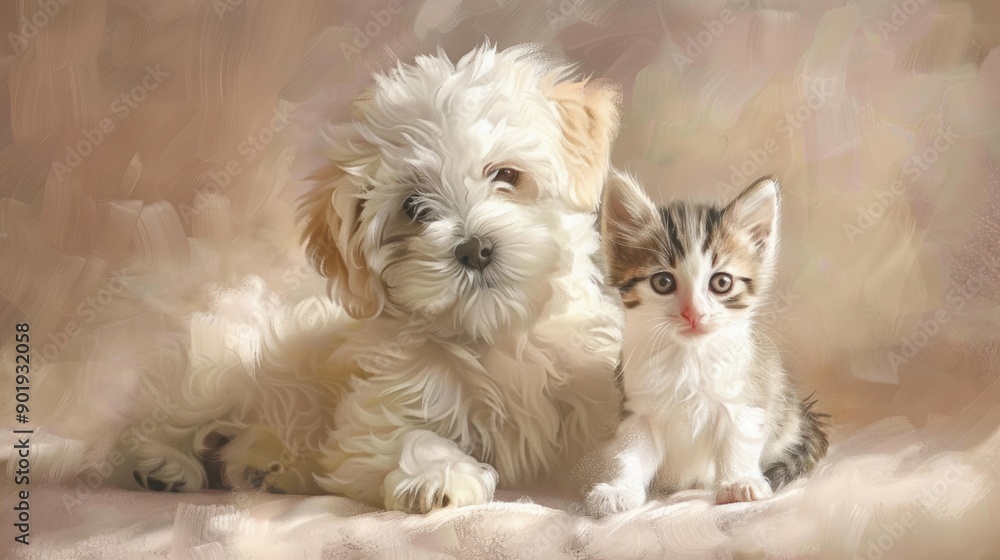 A Portrait of a White Puppy and a Kitten A Portrait of a White Puppy and a Kitten
