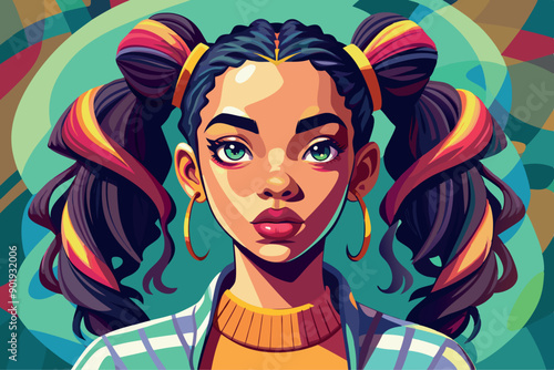 Obraz na płótnie Illustration of beautiful mulatto girl with two ponytails on the green backgroun