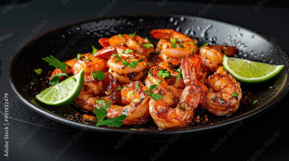 Tasty cajun shrimp with lime on a dark plate Seafood concept Mediterranean cuisine Displayed from the front Tasty cajun shrimp with lime on a dark plate Seafood concept Mediterranean cuisine Displayed from the front