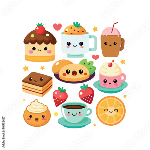 Vector Kawaii Breakfast collection Clipart illustration On a White Background