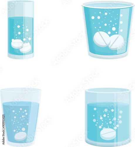 Vector graphic showing four stages of effervescent tablets dissolving in water glasses