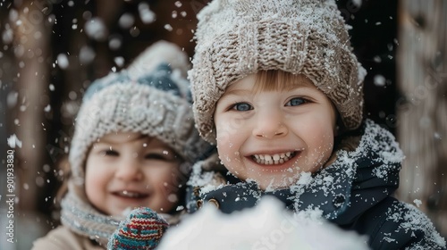 Two children in cozy winter gear, smiling and enjoying the snowy weather, capture a playful, joyous moment, radiating cold fun and the magic of childhood.