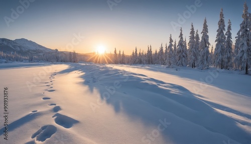 Sunrise over a snow-covered landscape with footprints leading into the wilderness