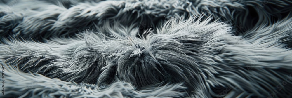 Obraz premium A close-up of grey faux fur showing a soft, fluffy texture. The concept of fabric and textile texture.