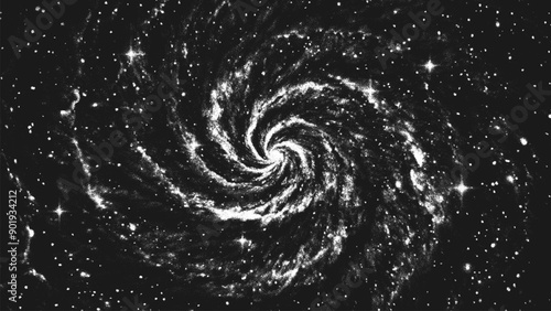 Deep space scene background in stippling style with amazing spiral galaxy and glowing stars cluster in universe. Retro styled dotwork. Pointillism. Noisy grainy shading using dots. Vector illustration