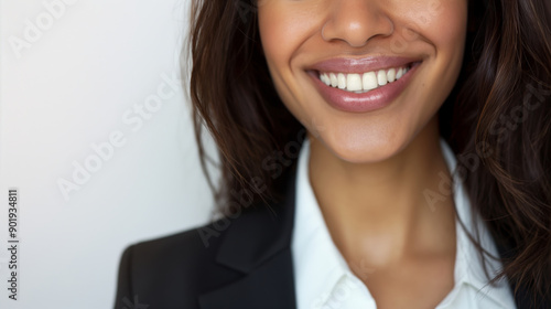 Confident businesswoman with brown hair smiling. Showcasing her white teeth. Professional in black jacket and white shirt. Radiating positivity against white background. Perfect for business concepts