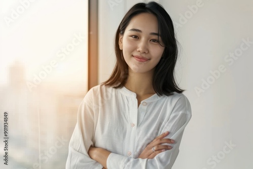 Free Download Confident asian businesswoman smiling with folded arms in office - GFXLoad